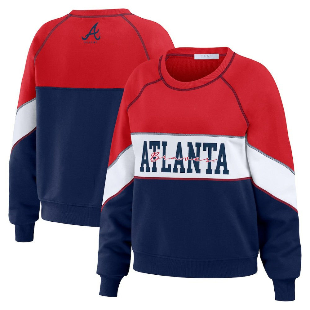 Atlanta Braves WEAR by Erin Andrews Women's Color Block Crew Neck Pullover Sweatshirt Red/Navy