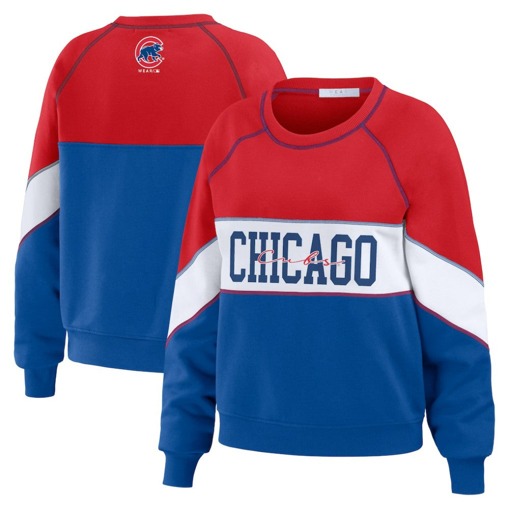 Chicago Cubs WEAR by Erin Andrews Women's Color Block Crew Neck Pullover Sweatshirt Red/Royal