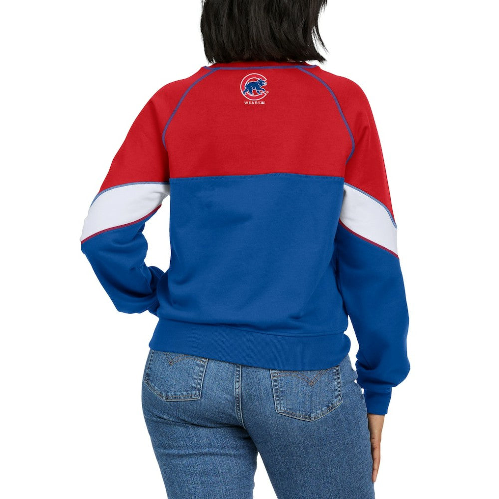 Chicago Cubs WEAR by Erin Andrews Women's Color Block Crew Neck Pullover Sweatshirt Red/Royal