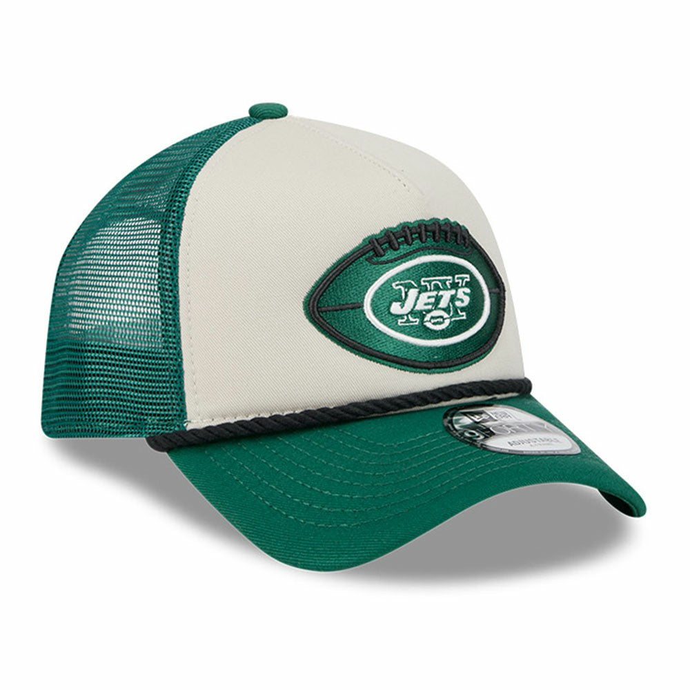 New York Jets New Era 2024 Sideline Historic 9FORTY A-Frame Trucker Adjustable Hat - Stone/Green sale