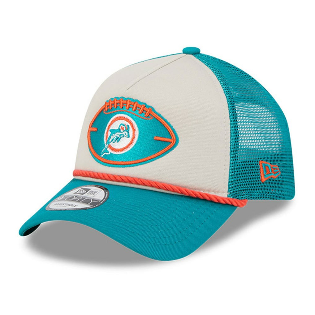 Miami Dolphins New Era 2024 Sideline Historic 9FORTY A-Frame Trucker Adjustable Hat - Stone/Aqua online