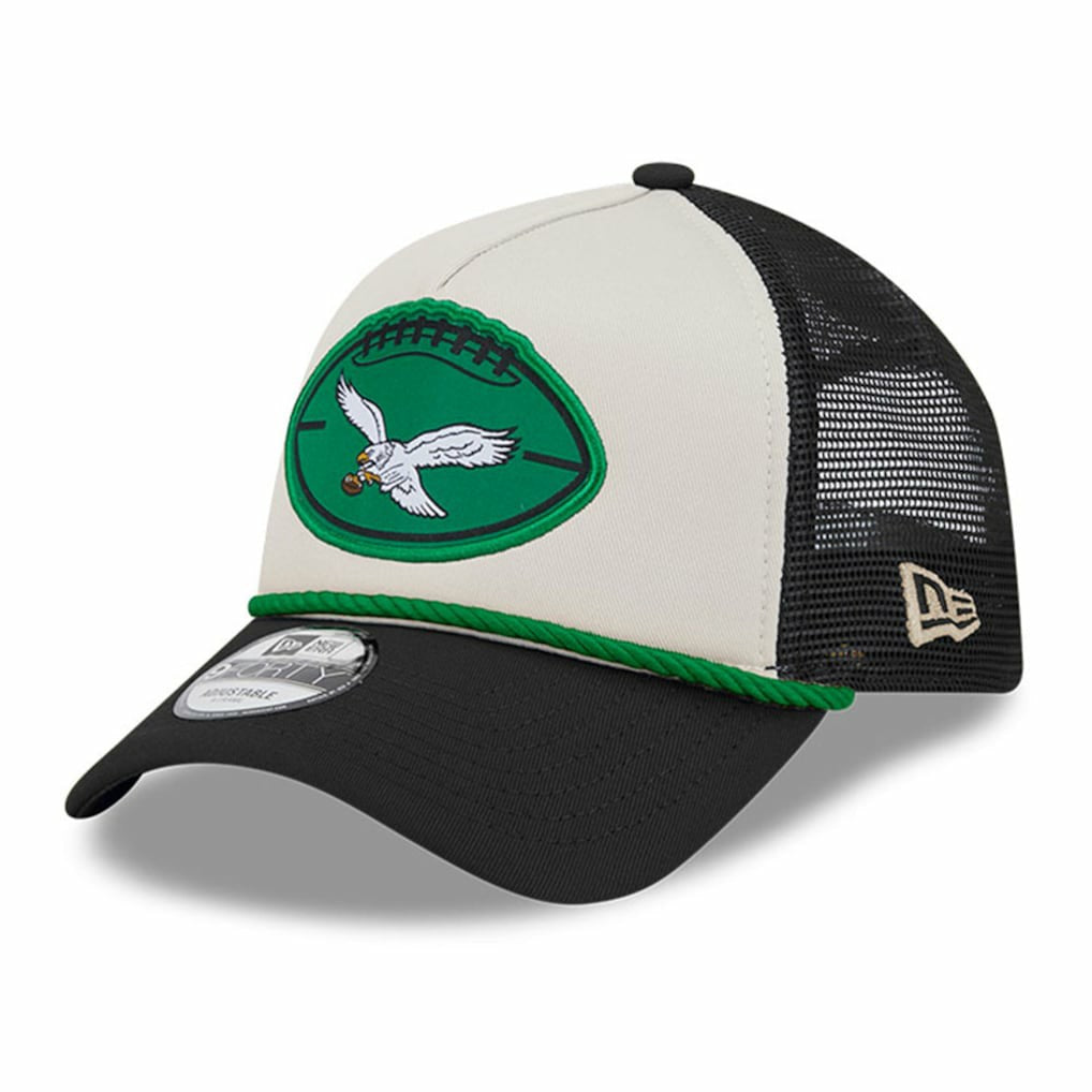 Philadelphia Eagles New Era 2024 Sideline Historic 9FORTY A-Frame Trucker Adjustable Hat - Stone/Black for sale