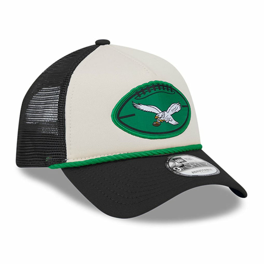 Philadelphia Eagles New Era 2024 Sideline Historic 9FORTY A-Frame Trucker Adjustable Hat - Stone/Black for sale