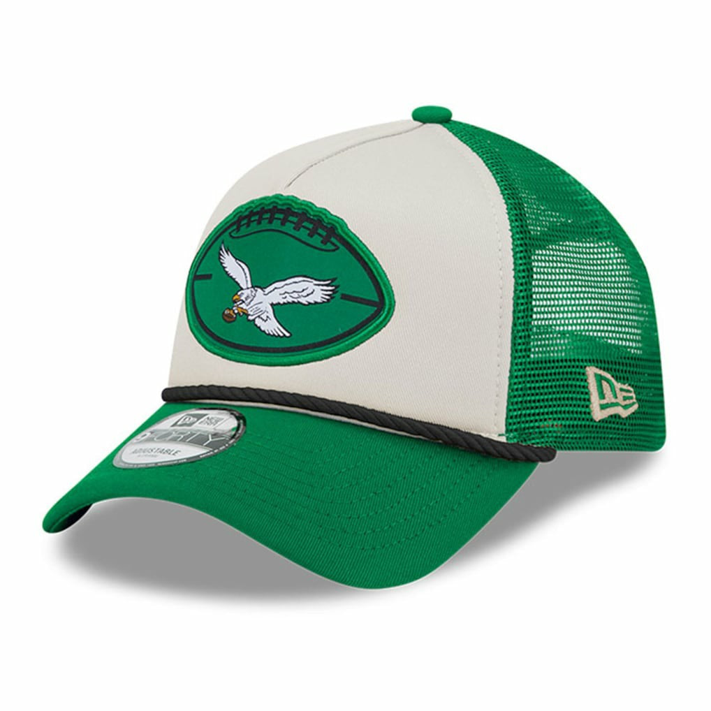 Philadelphia Eagles New Era 2024 Sideline Historic 9FORTY A-Frame Trucker Adjustable Hat - Stone/Kelly Green cheap