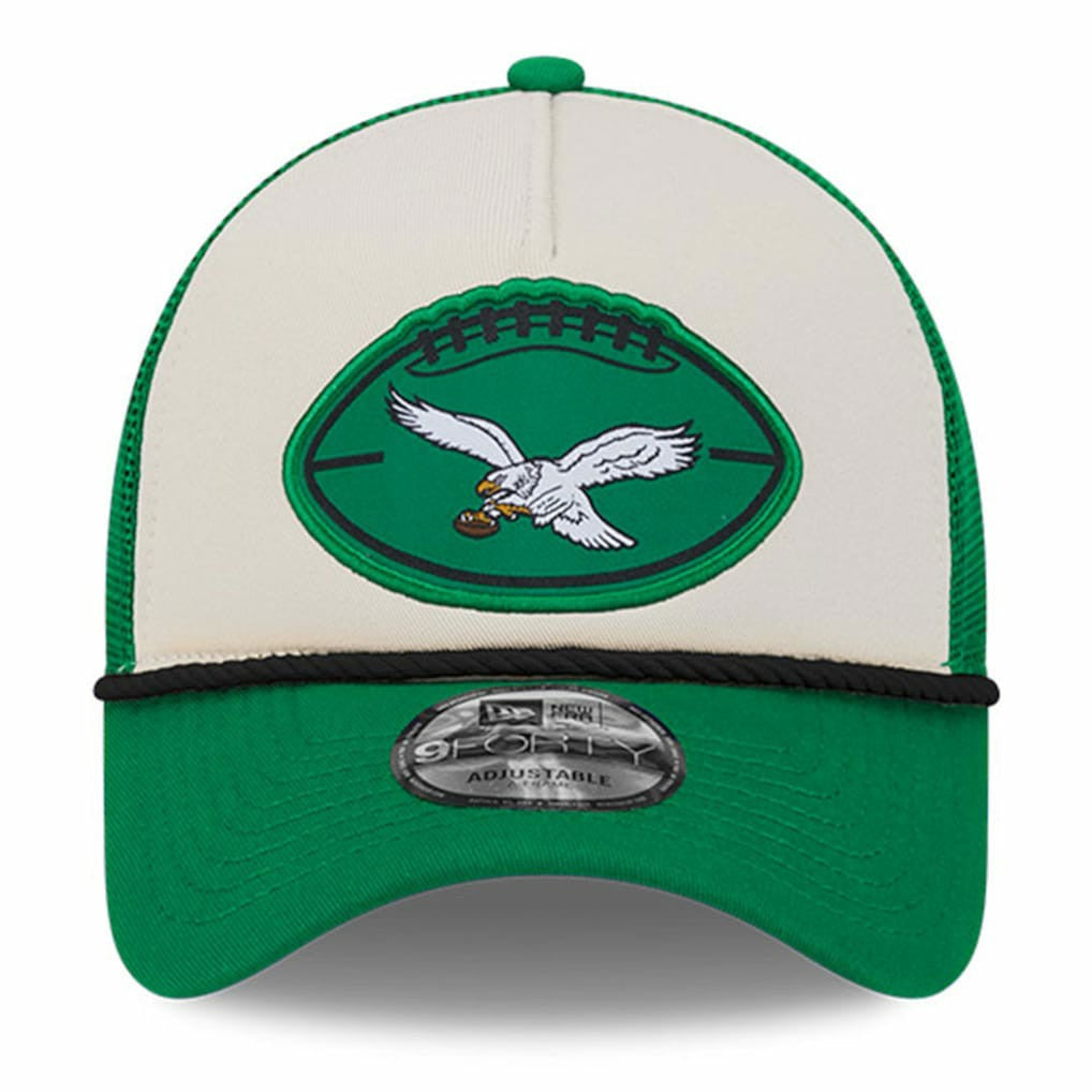 Philadelphia Eagles New Era 2024 Sideline Historic 9FORTY A-Frame Trucker Adjustable Hat - Stone/Kelly Green cheap