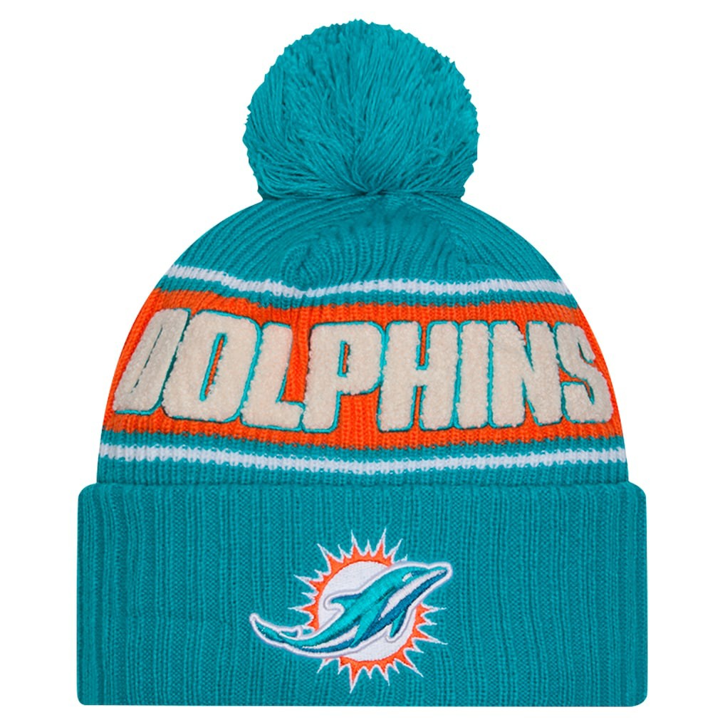 Miami Dolphins New Era 2024 Sideline Cuffed Knit Hat with Pom - Aqua on sale