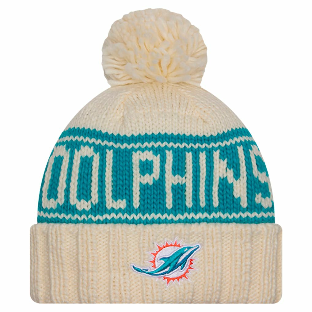 Miami Dolphins New Era Women's 2024 Sideline Cuffed Knit Hat with Pom - Cream on sale