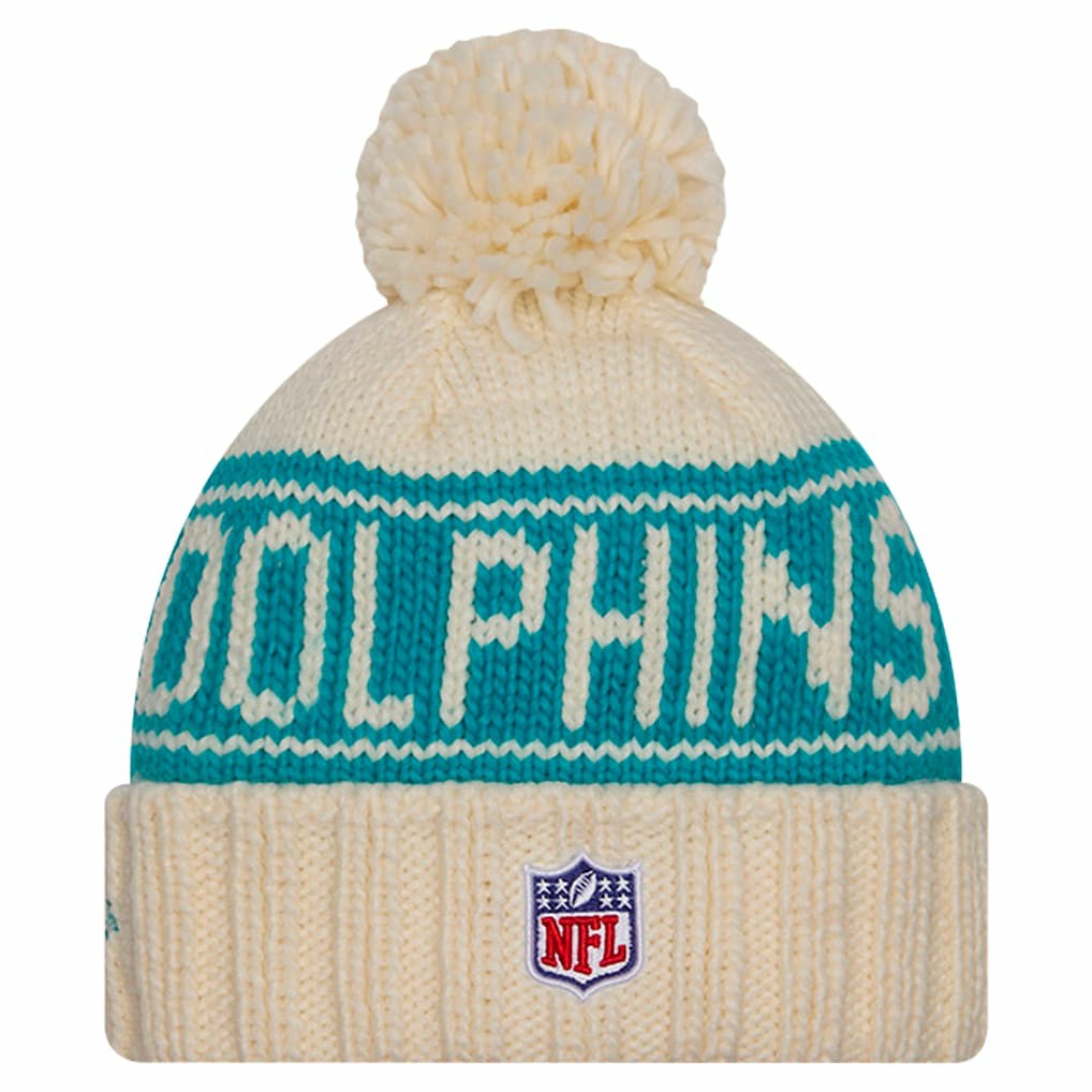 Miami Dolphins New Era Women's 2024 Sideline Cuffed Knit Hat with Pom - Cream on sale