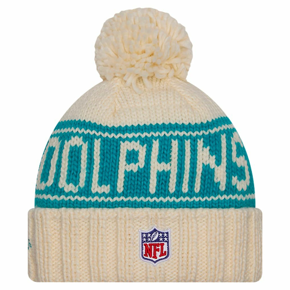 Miami Dolphins New Era Women's 2024 Sideline Cuffed Knit Hat with Pom - Cream on sale
