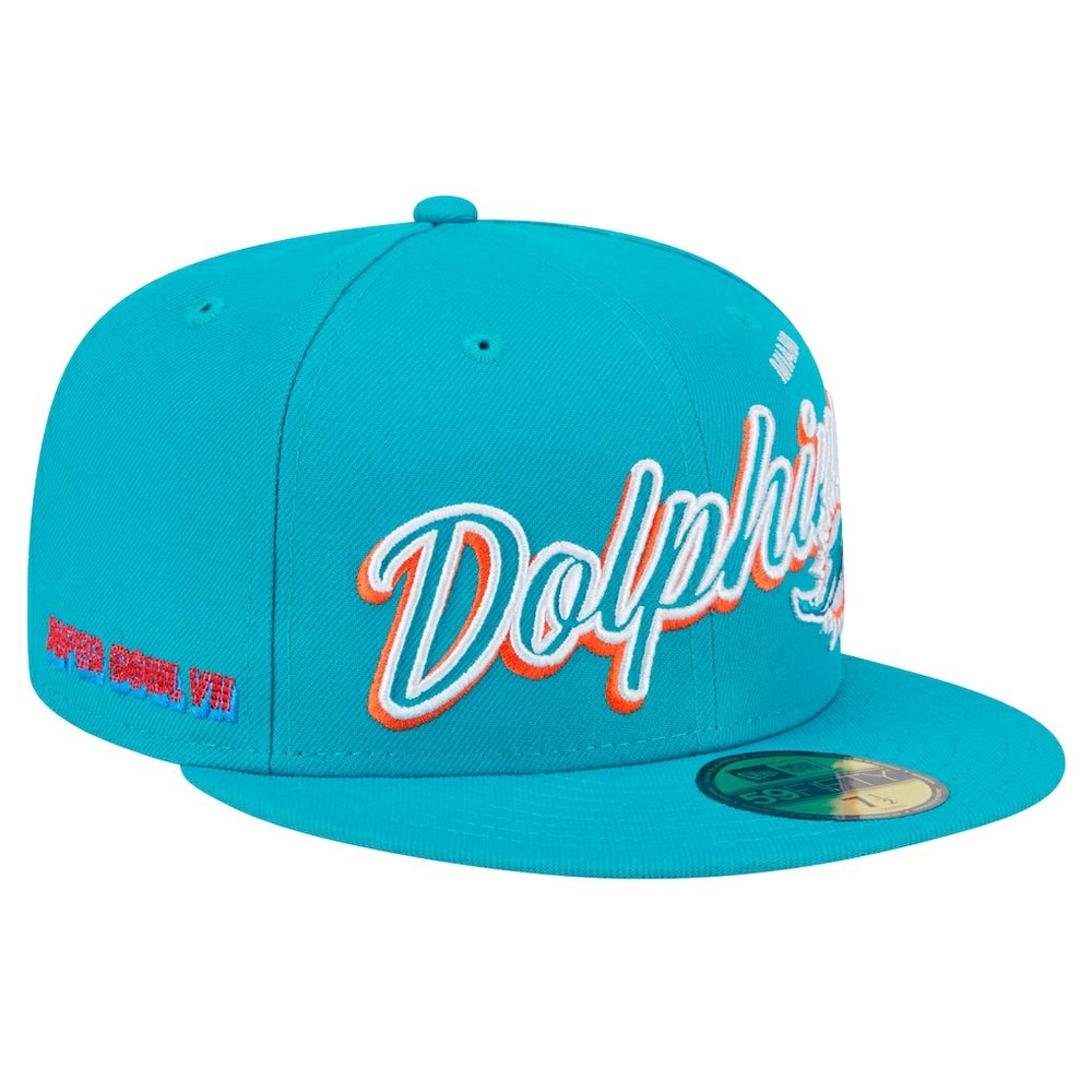 Miami Dolphins New Era Script Sided 59FIFTY Fitted Hat - Aqua cheap