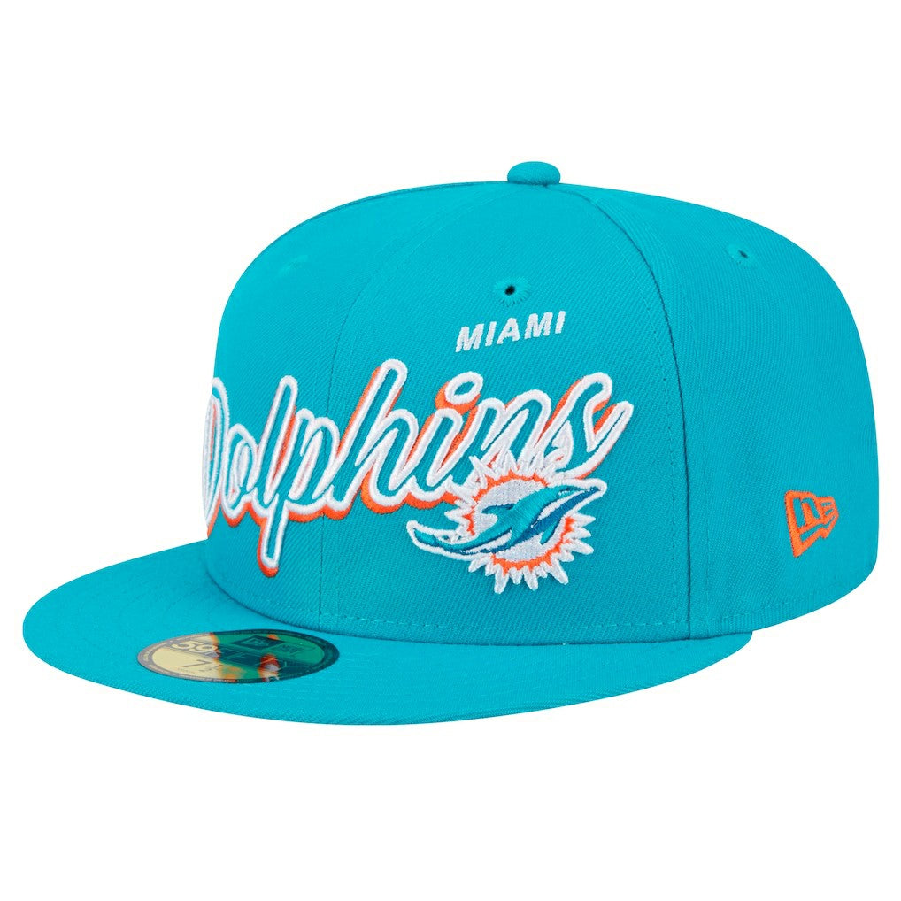 Miami Dolphins New Era Script Sided 59FIFTY Fitted Hat - Aqua cheap