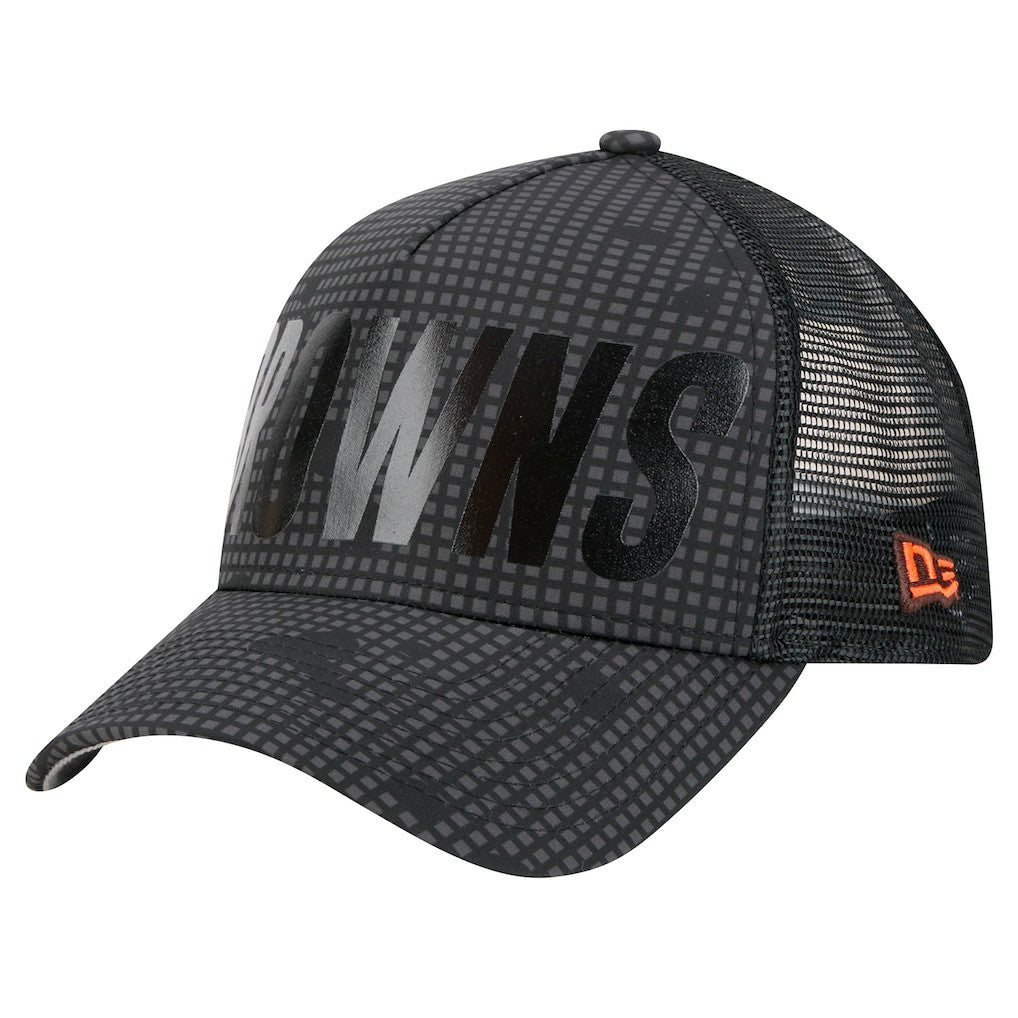 Cleveland Browns New Era Throwback Midnight Ink Tonal Text A-Frame Trucker 9FORTY Adjustable Hat - Black on sale