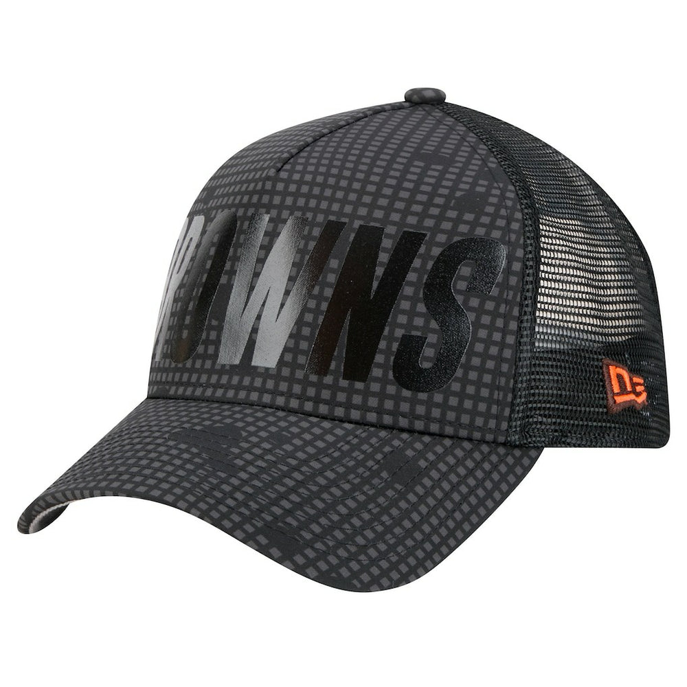 Cleveland Browns New Era Throwback Midnight Ink Tonal Text A-Frame Trucker 9FORTY Adjustable Hat - Black on sale