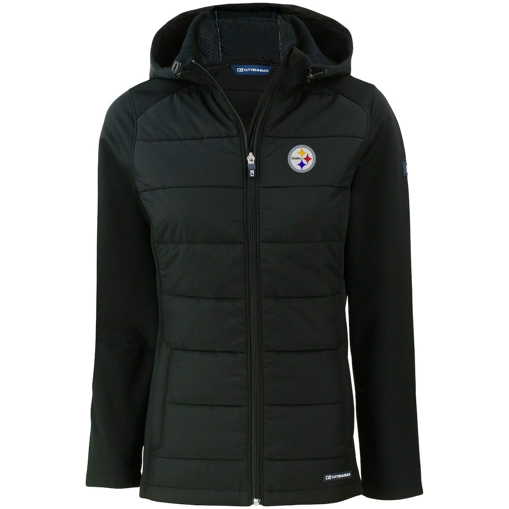 Pittsburgh Steelers Cutter & Buck Women's Evoke PrimaLoft Hybrid Eco Softshell Recycled Full-Zip Hooded Jacket - Black for sale