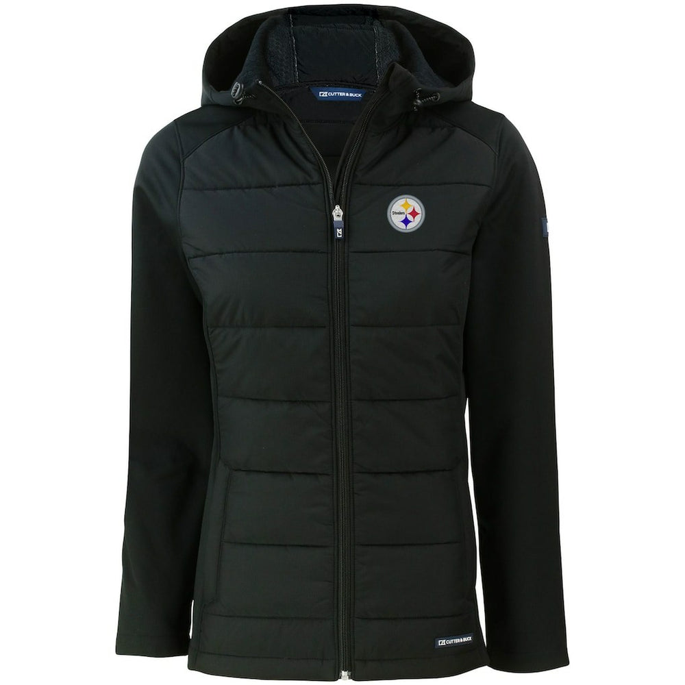 Pittsburgh Steelers Cutter & Buck Women's Evoke PrimaLoft Hybrid Eco Softshell Recycled Full-Zip Hooded Jacket - Black for sale
