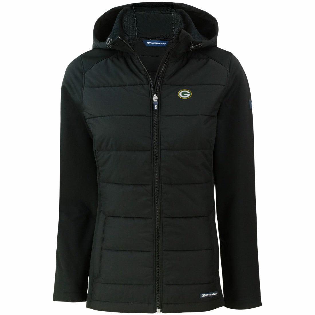 Green Bay Packers Cutter & Buck Women's Evoke PrimaLoft Hybrid Eco Softshell Recycled Full-Zip Hooded Jacket - Black for sale
