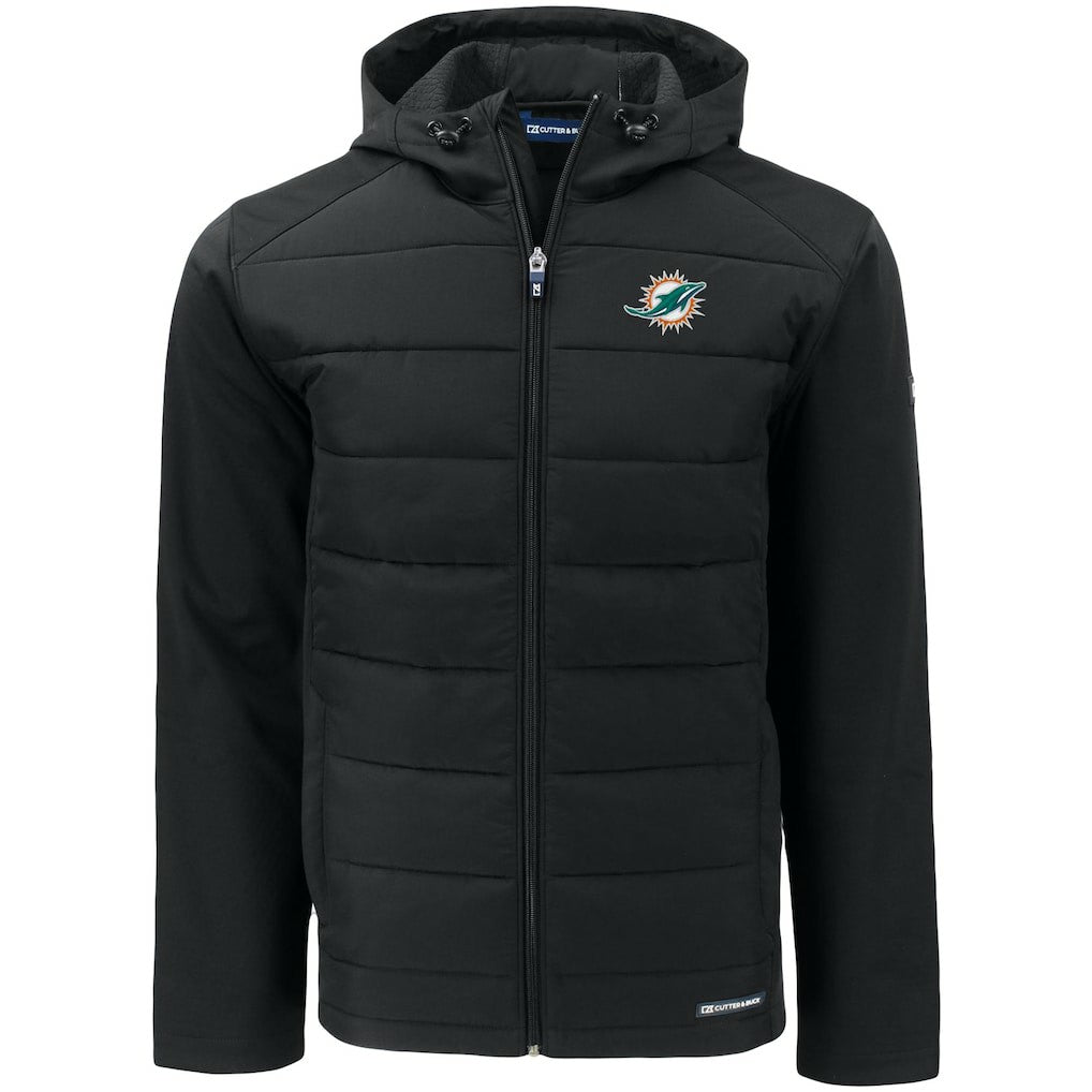 Miami Dolphins Cutter & Buck Evoke PrimaLoft Hybrid Eco Softshell Recycled Full-Zip Hooded Jacket - Black for sale
