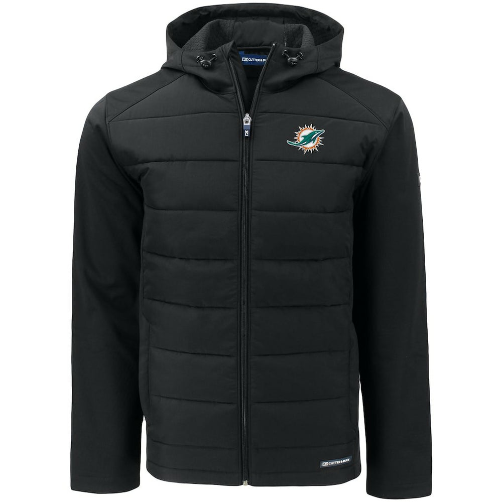 Miami Dolphins Cutter & Buck Evoke PrimaLoft Hybrid Eco Softshell Recycled Full-Zip Hooded Jacket - Black for sale