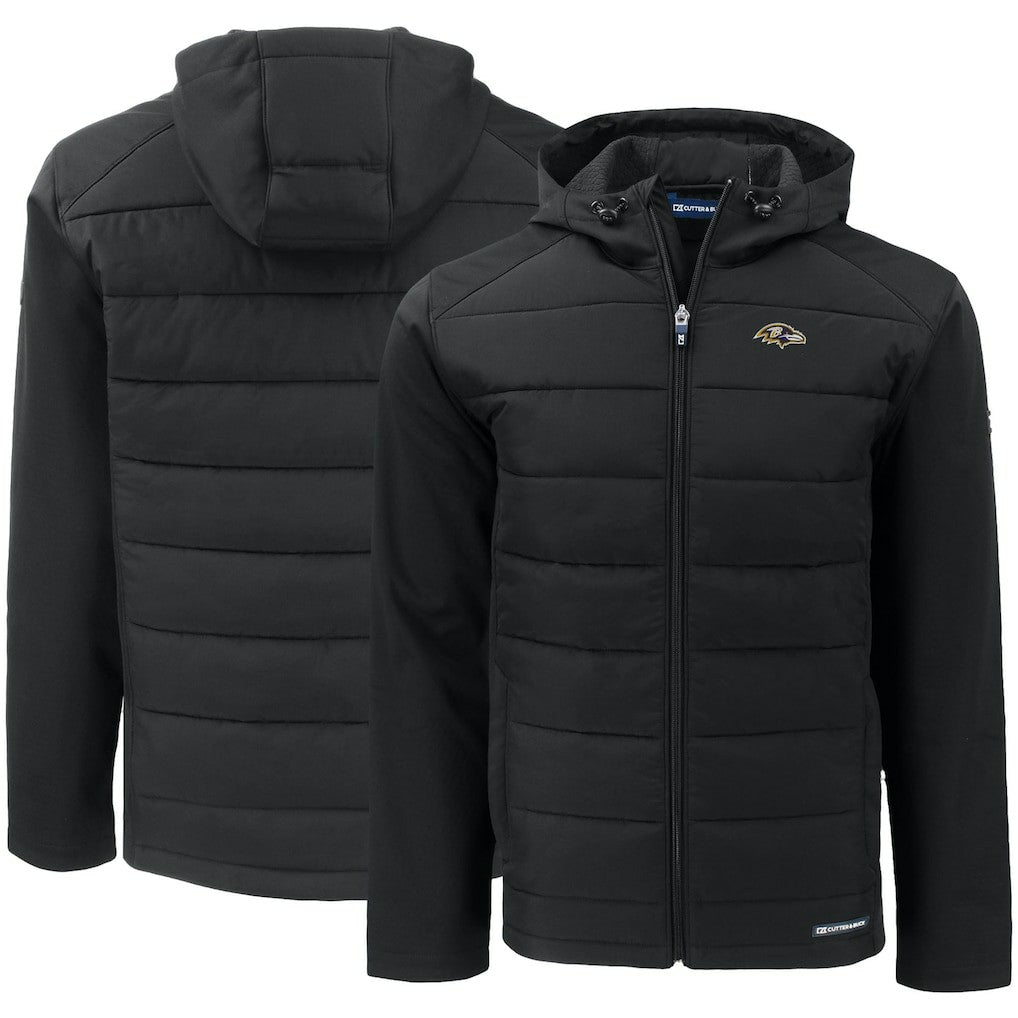 Baltimore Ravens Cutter & Buck Evoke PrimaLoft Hybrid Eco Softshell Recycled Full-Zip Hooded Jacket - Black for sale