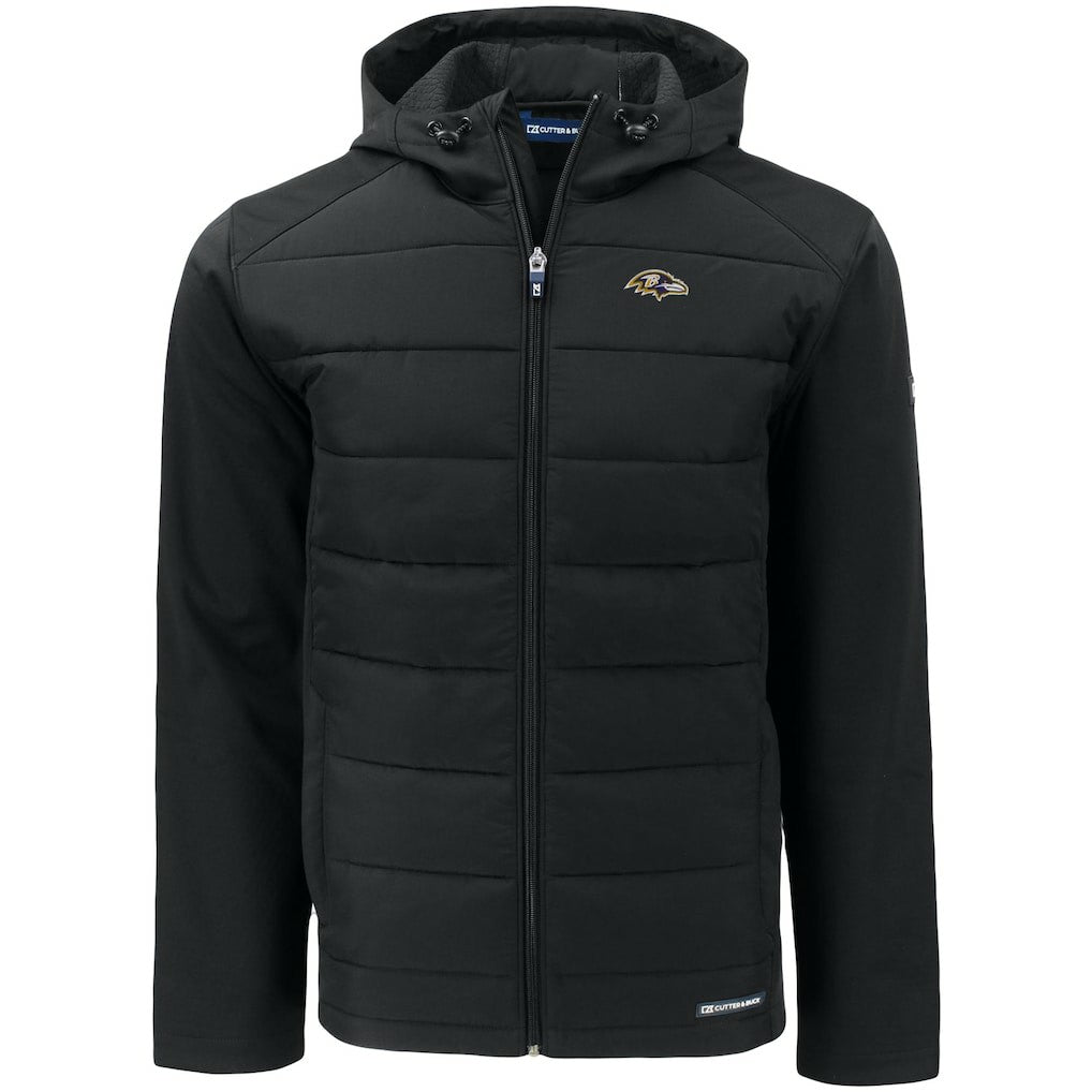 Baltimore Ravens Cutter & Buck Evoke PrimaLoft Hybrid Eco Softshell Recycled Full-Zip Hooded Jacket - Black for sale