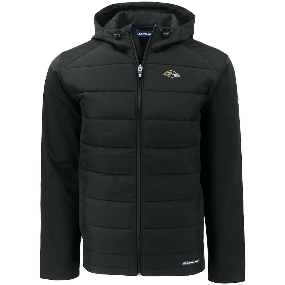 Baltimore Ravens Cutter & Buck Evoke PrimaLoft Hybrid Eco Softshell Recycled Full-Zip Hooded Jacket - Black for sale