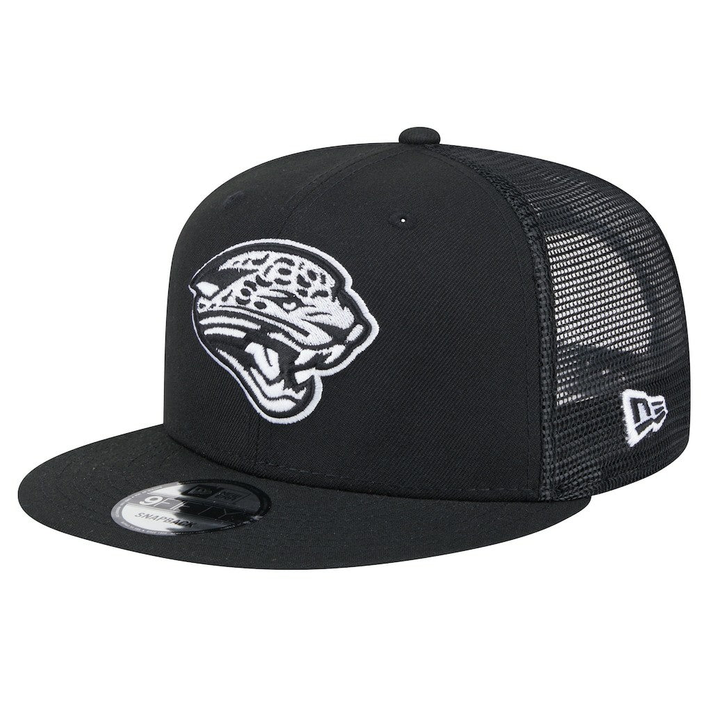 New Era Jacksonville Jaguars Black Main Trucker 9FIFTY Snapback Hat sale