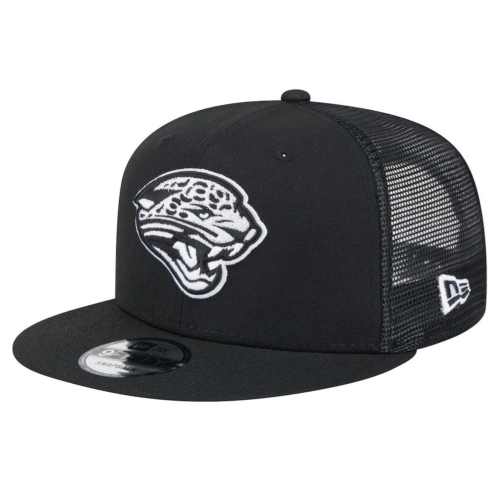 New Era Jacksonville Jaguars Black Main Trucker 9FIFTY Snapback Hat sale