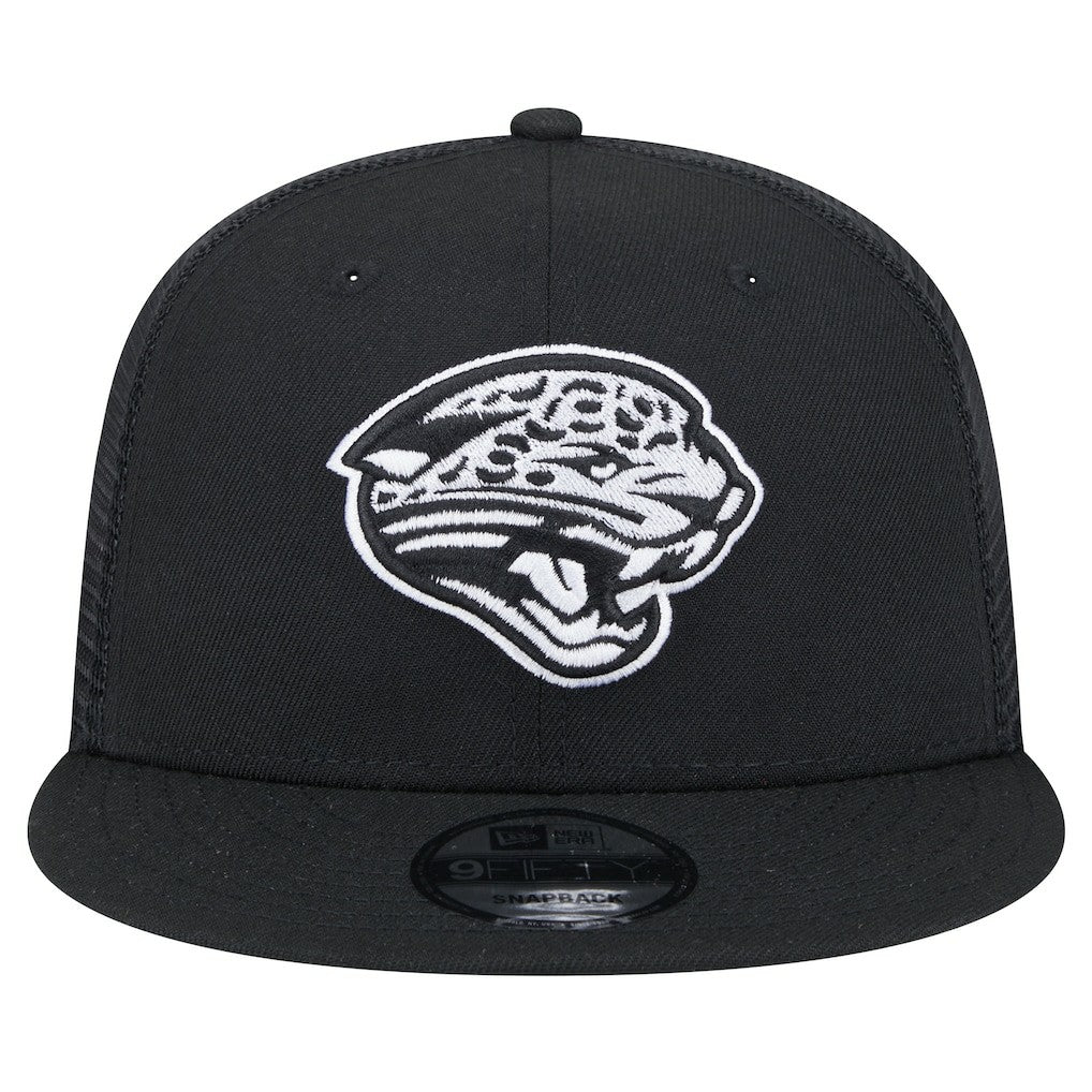 New Era Jacksonville Jaguars Black Main Trucker 9FIFTY Snapback Hat sale