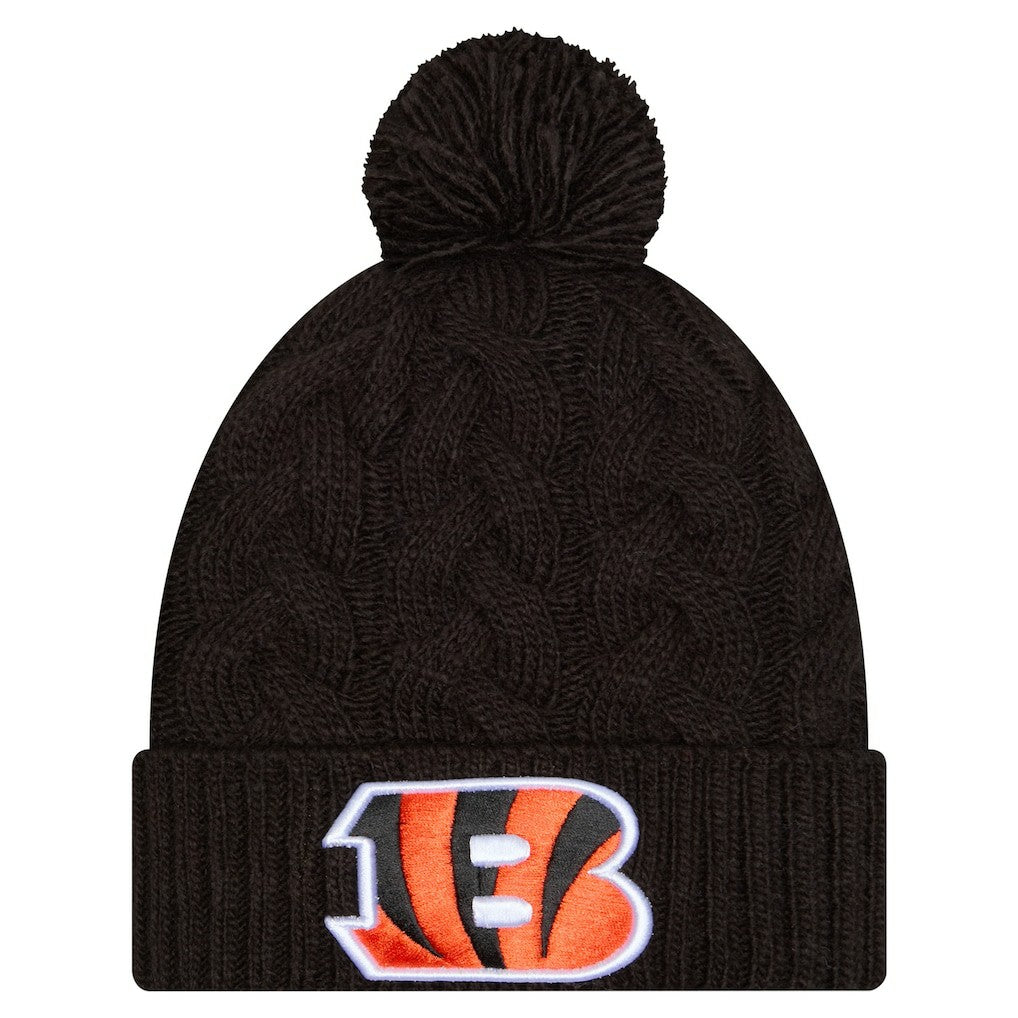 Cincinnati Bengals New Era Girls Youth Cabled Cuffed Knit Hat with Pom - Black on sale
