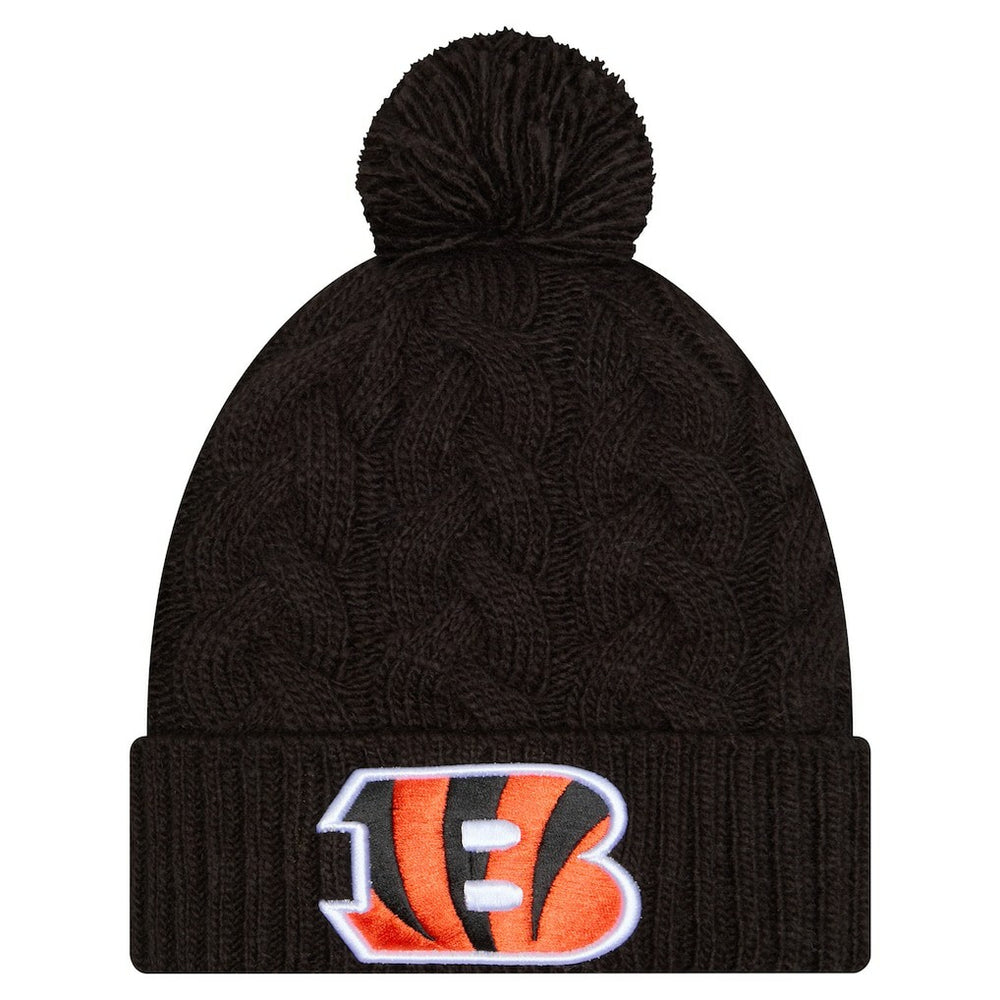 Cincinnati Bengals New Era Girls Youth Cabled Cuffed Knit Hat with Pom - Black on sale