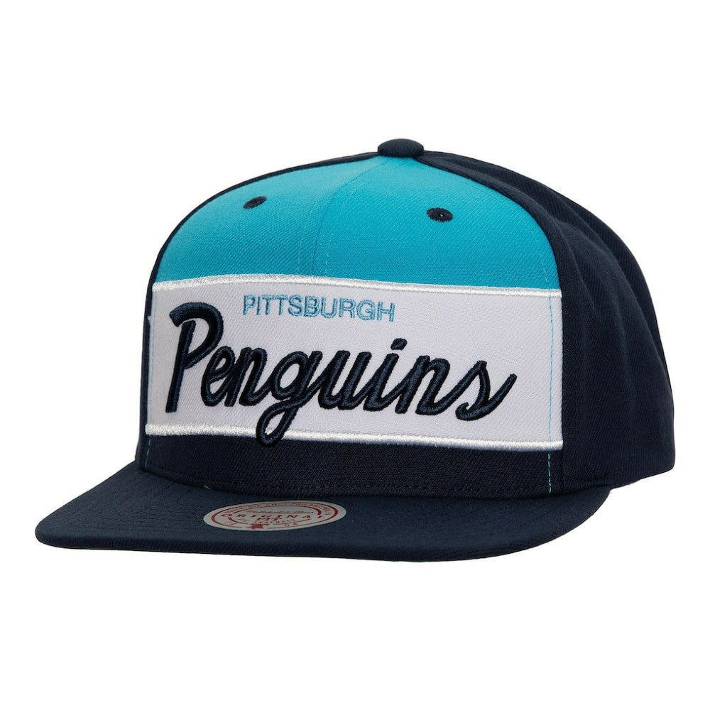 Pittsburgh Penguins Mitchell & Ness Retro Script Colorblock Snapback Hat - Navy Hats