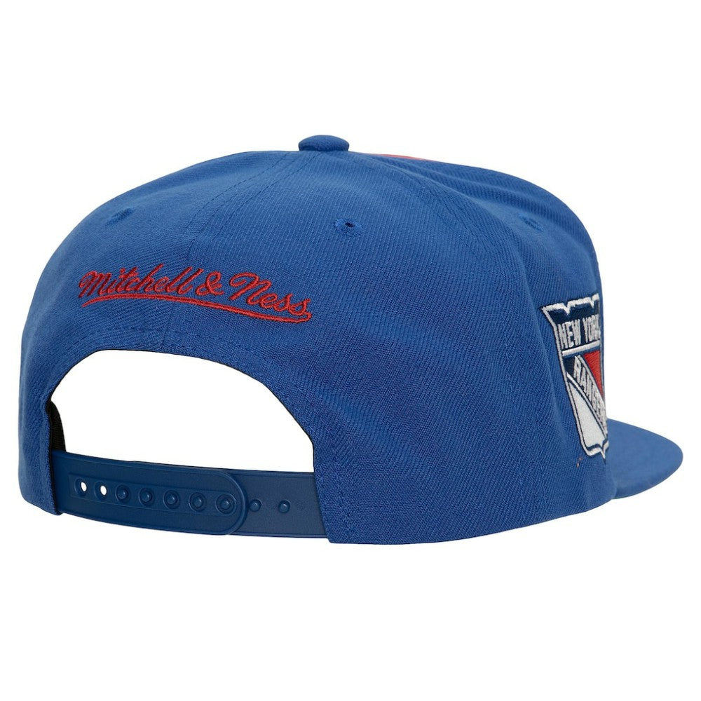 New York Rangers Mitchell & Ness Retro Script Colorblock Snapback Hat - Blue Hats
