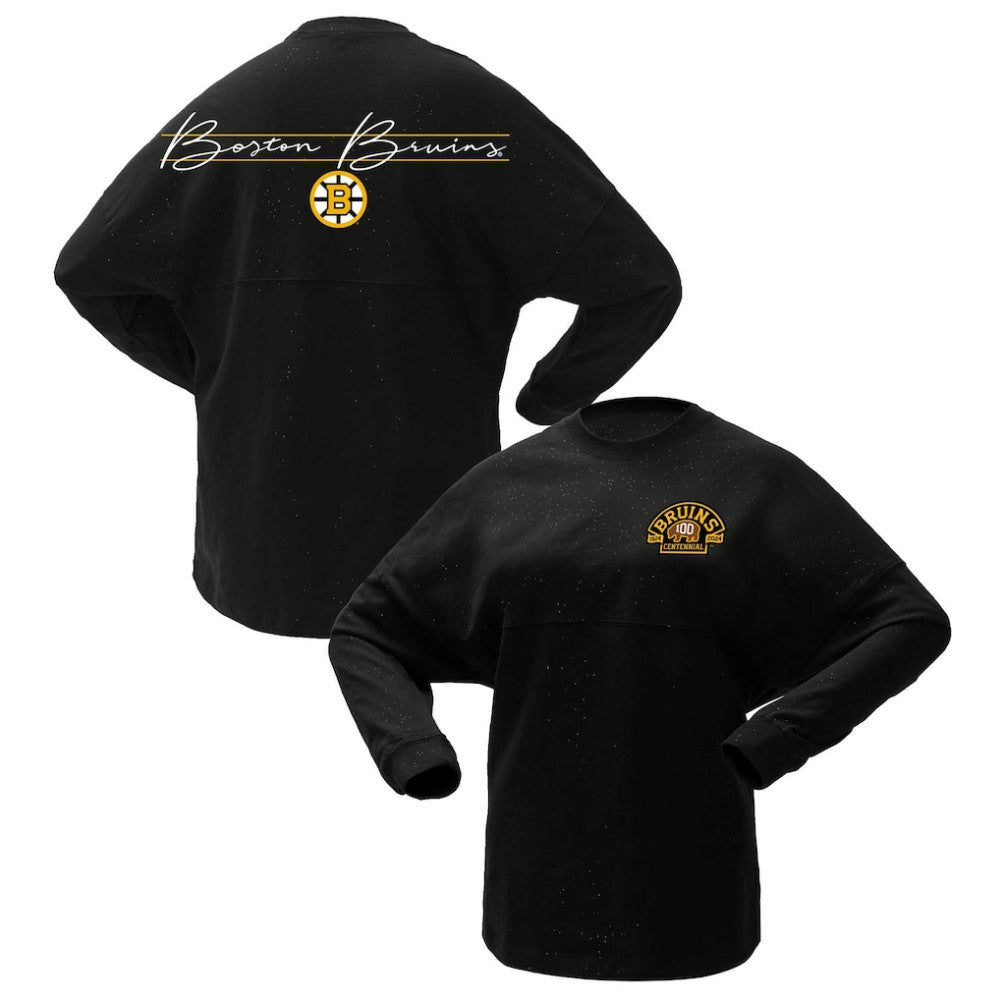 Boston Bruins Fanatics Women's 100th Anniversary Sparkle Spirit Jersey T-Shirt - Black T-shirts