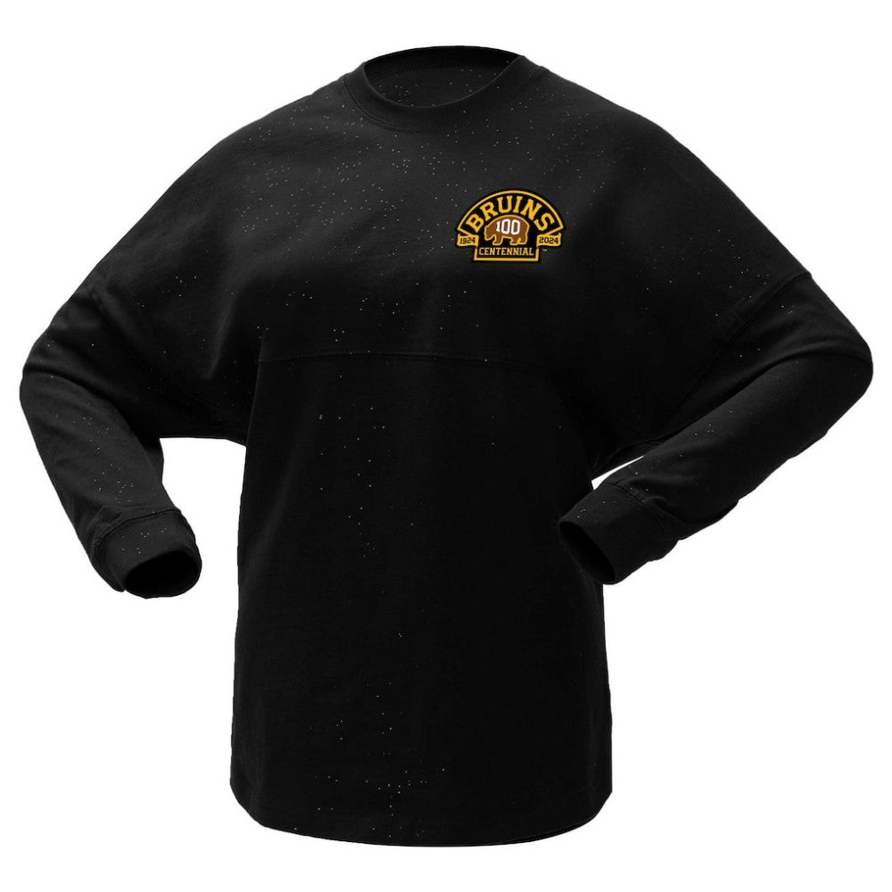 Boston Bruins Fanatics Women's 100th Anniversary Sparkle Spirit Jersey T-Shirt - Black T-shirts