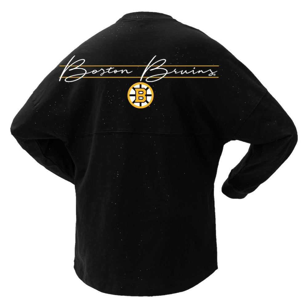 Boston Bruins Fanatics Women's 100th Anniversary Sparkle Spirit Jersey T-Shirt - Black T-shirts