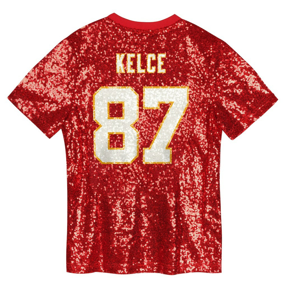Travis Kelce Kansas City Chiefs Girls Youth Sequin V-Neck Fashion Jersey - Red discount