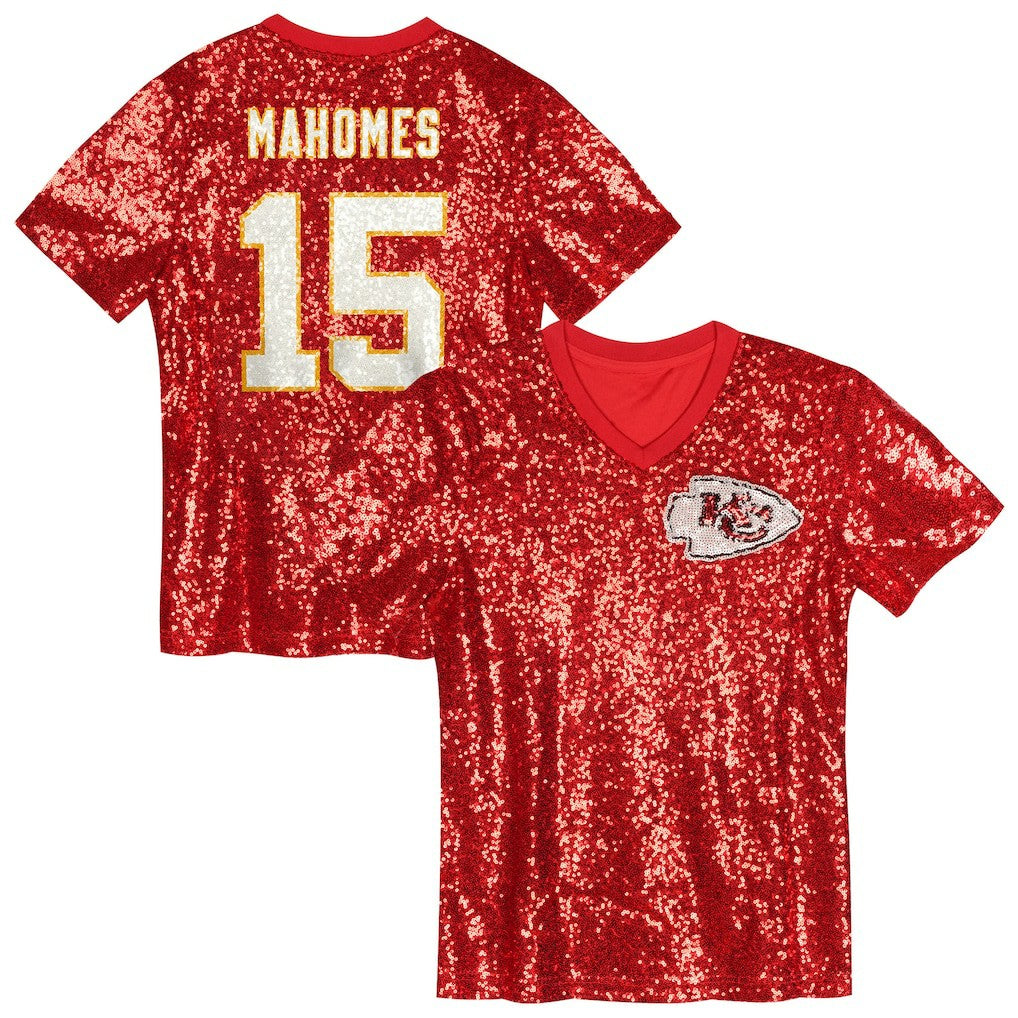 Patrick Mahomes Kansas City Chiefs Girls Youth Sequin V-Neck Fashion Jersey - Red sale
