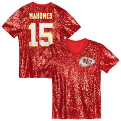Patrick Mahomes Kansas City Chiefs Girls Youth Sequin V-Neck Fashion Jersey - Red sale