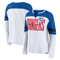 New York Rangers Fanatics Women's Frozen Long Sleeve Notch Neck T-Shirt - White/Blue T-shirts