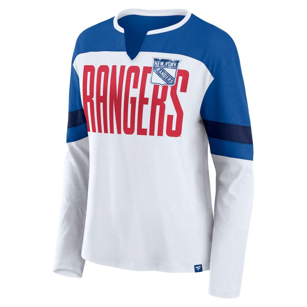 New York Rangers Fanatics Women's Frozen Long Sleeve Notch Neck T-Shirt - White/Blue T-shirts