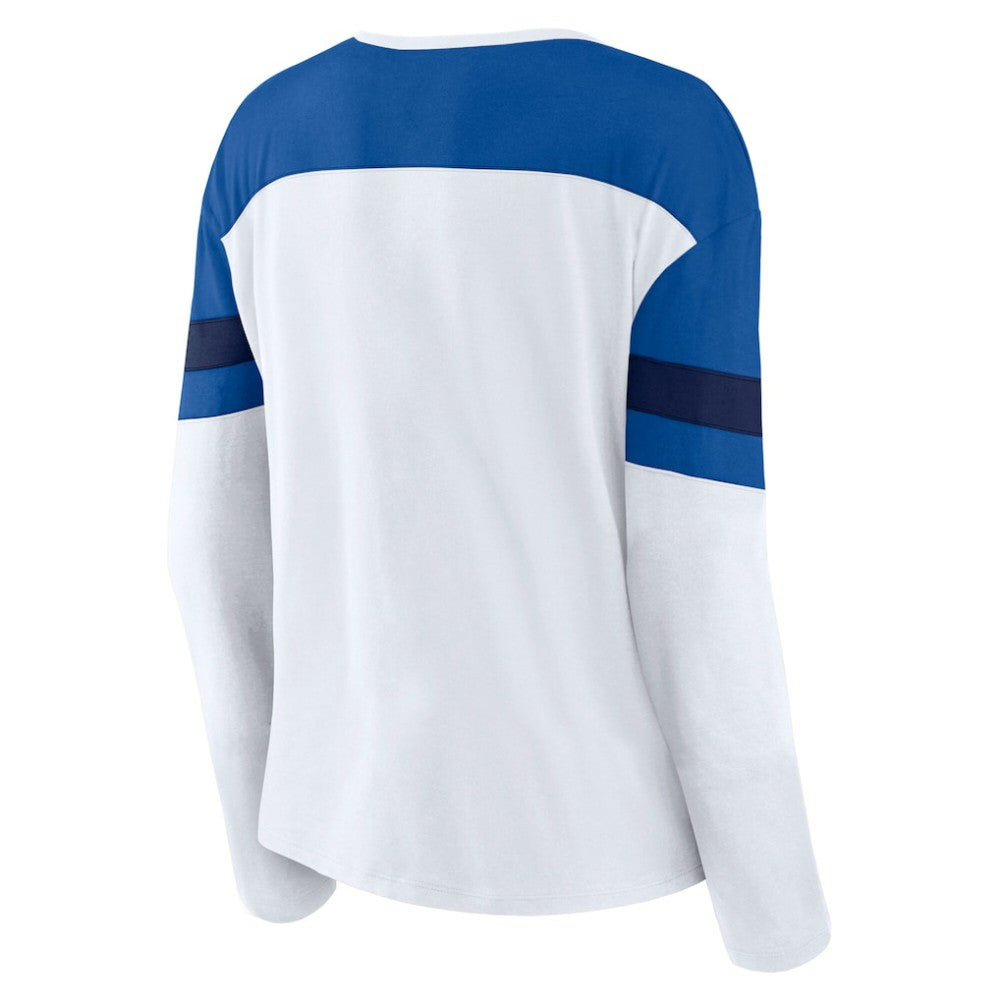 New York Rangers Fanatics Women's Frozen Long Sleeve Notch Neck T-Shirt - White/Blue T-shirts