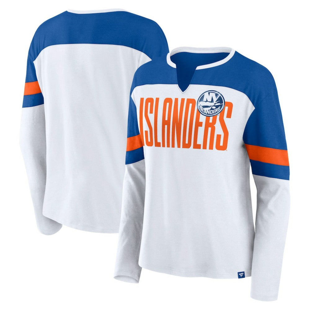 New York Islanders Fanatics Women's Frozen Long Sleeve Notch Neck T-Shirt - White/Royal T-shirts