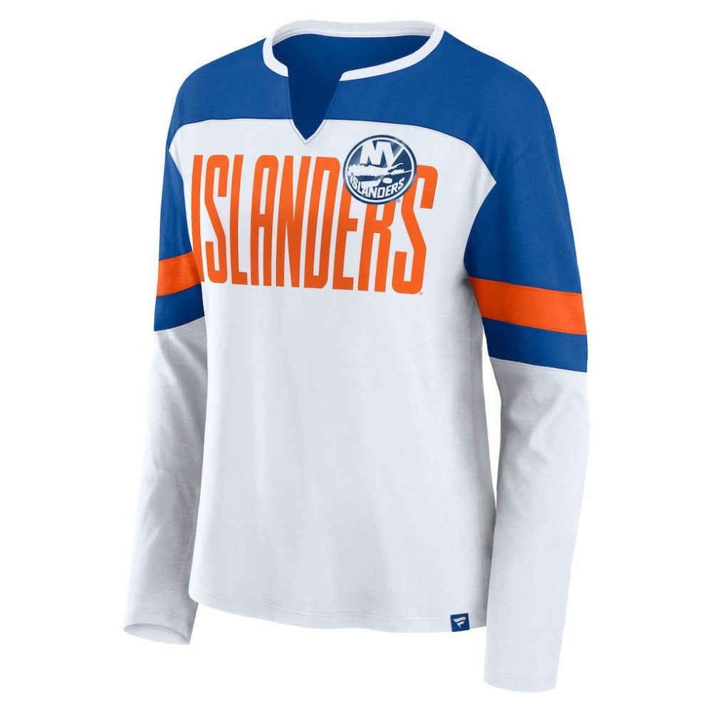 New York Islanders Fanatics Women's Frozen Long Sleeve Notch Neck T-Shirt - White/Royal T-shirts