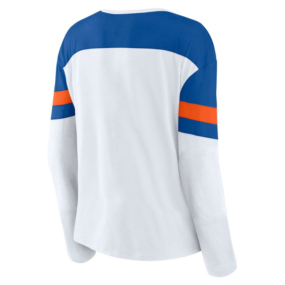 New York Islanders Fanatics Women's Frozen Long Sleeve Notch Neck T-Shirt - White/Royal T-shirts