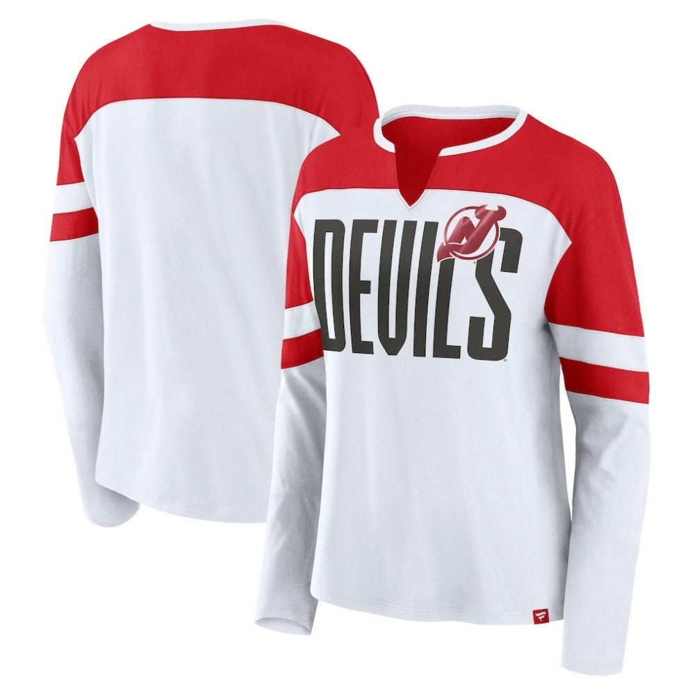 New Jersey Devils Fanatics Women's Frozen Long Sleeve Notch Neck T-Shirt - White/Red T-shirts