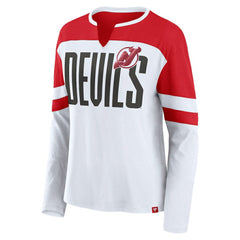 New Jersey Devils Fanatics Women's Frozen Long Sleeve Notch Neck T-Shirt - White/Red T-shirts