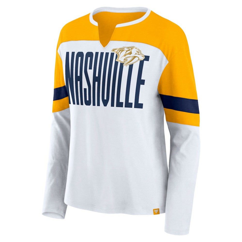 Nashville Predators Fanatics Women's Frozen Long Sleeve Notch Neck T-Shirt - White/Gold T-shirts