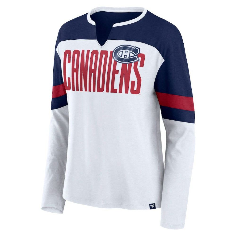 Montreal Canadiens Fanatics Women's Frozen Long Sleeve Notch Neck T-Shirt - White/Navy T-shirts