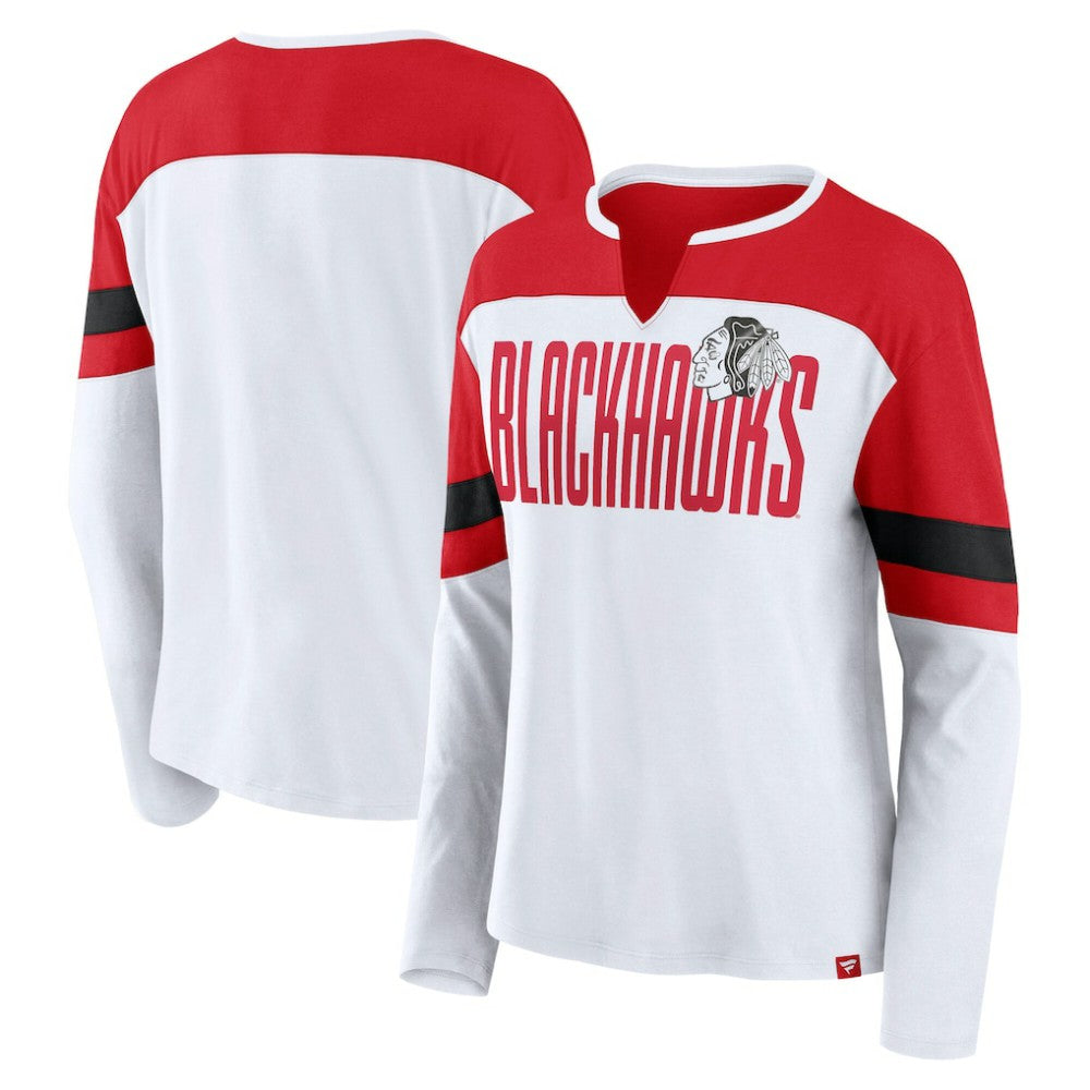 Chicago Blackhawks Fanatics Women's Frozen Long Sleeve Notch Neck T-Shirt - White/Red T-shirts