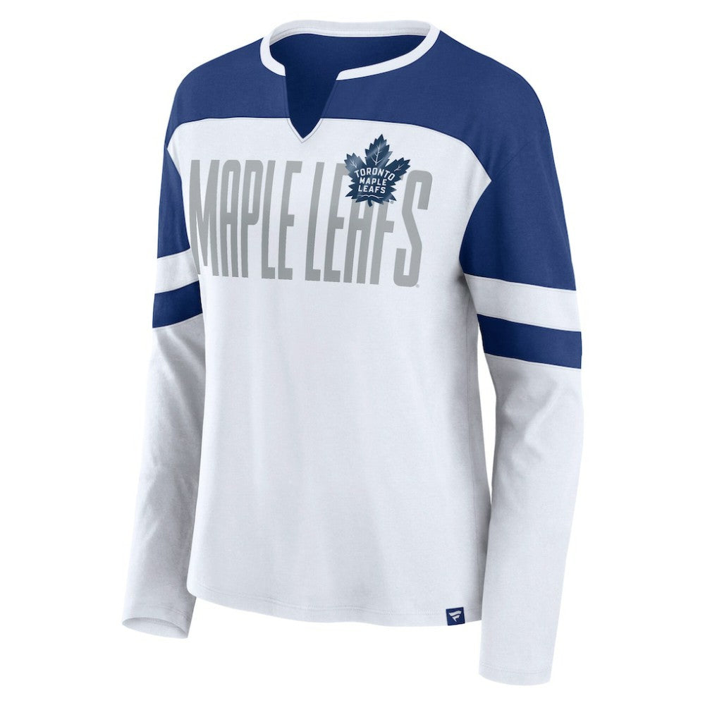 Toronto Maple Leafs Fanatics Women's Frozen Long Sleeve Notch Neck T-Shirt - White/Blue T-shirts
